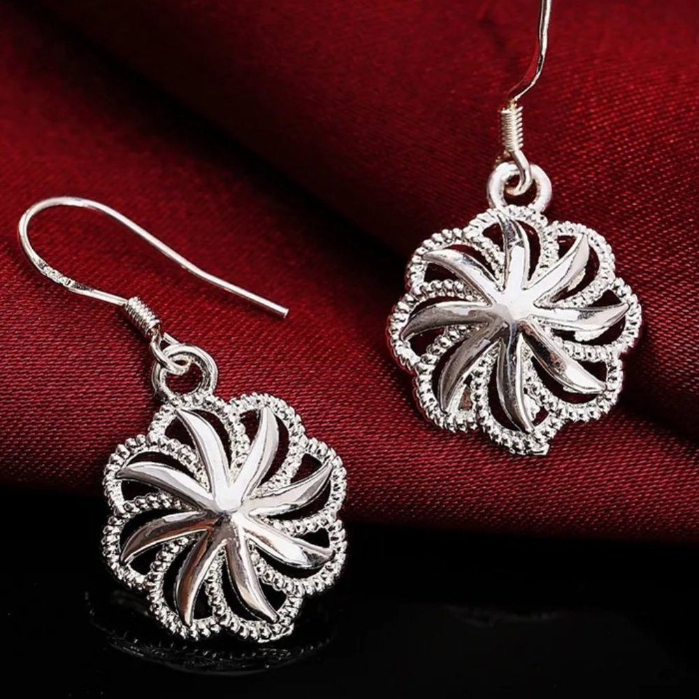Gorgeous 3D Flower .925 Sterling Silver Hanging Earrings " Hypoallergenic "